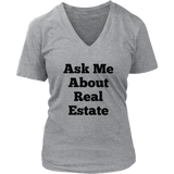 T-Shirts for Women V-Neck: Ask Me About Real Estate (Black Text)